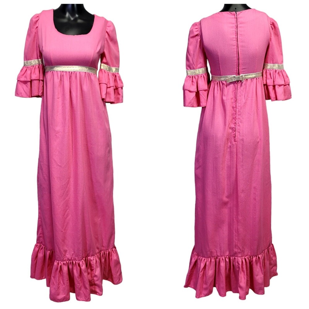 Vintage 70s Hot Pink Crepe Polyester Empire Waist Greek Key‎ Detail Ruffle Maxi